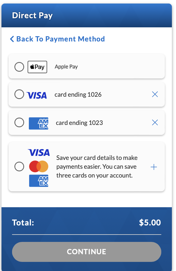 a screen capture of the card selection option for Direct Pay at checkout