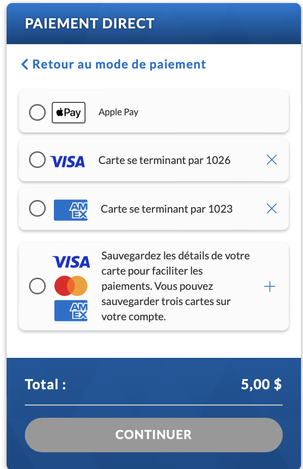 Une capture d’écran de l’option de sélection de la carte pour le paiement direct au moment de payer