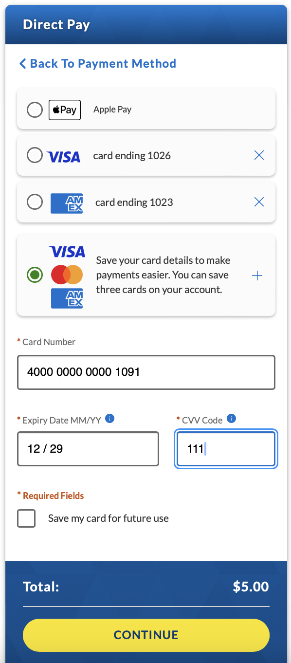 a screen capture of area to fill in new card information for Direct Pay