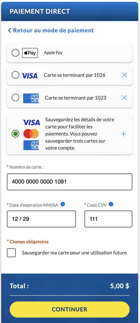 Une capture d’écran de l’endroit où indiquer les renseignements d’une nouvelle carte pour le paiement direct