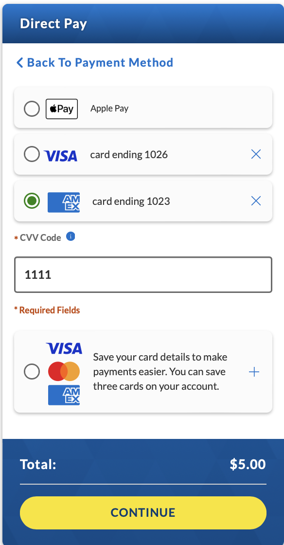 a screen capture of area to enter saved card CVV code 