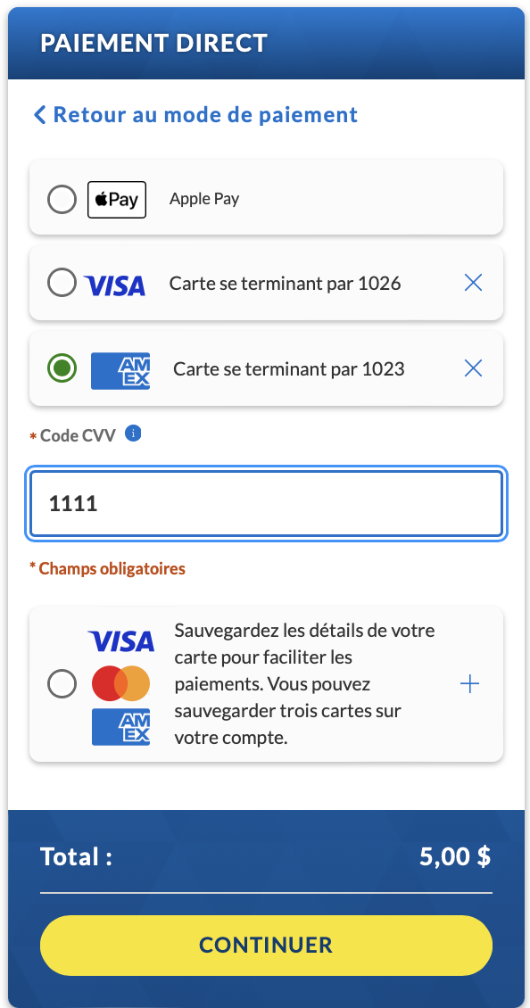 Une capture d’écran de l’endroit où inscrire le code CCV de la carte enregistrée